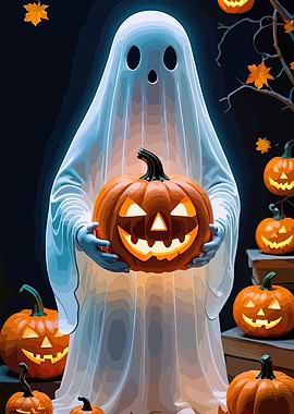 Halloween Ghost Holding Jack-o'-Lantern