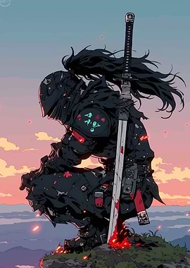 Armored Warrior with Sword on Cliff