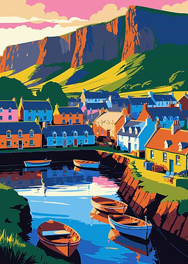 Colorful Coastal Village with Boats