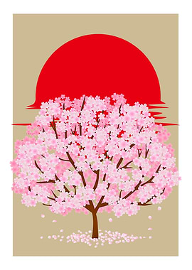 Cherry Blossom Tree with Rising Sun