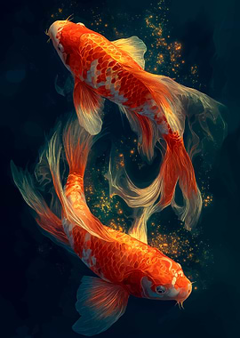 Two Koi Fish Swimming in Dark Water