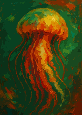 Jellyfish Painting in Green and Orange Art