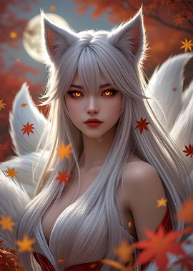Moonlit Kitsune with Silver Hair and Autumn Leaves