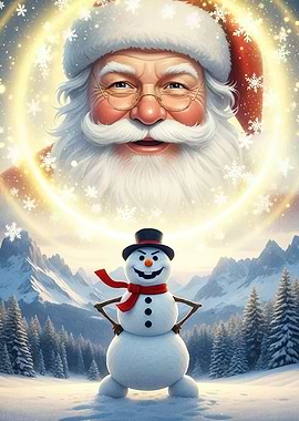 Santa Claus and Snowman Winter Scene