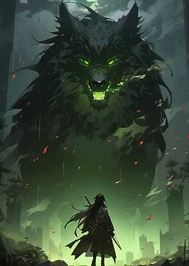 Warrior facing giant wolf spirit