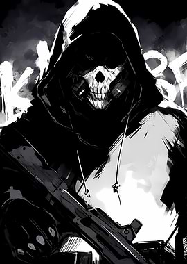 Monochrome Skull Masked Figure with Gun