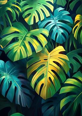 Monstera Leaf Pattern in Green and Teal | neon green monstera print