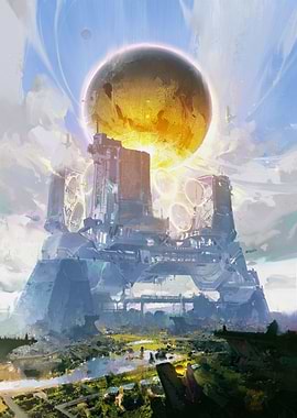 Futuristic Cityscape with Celestial Orb