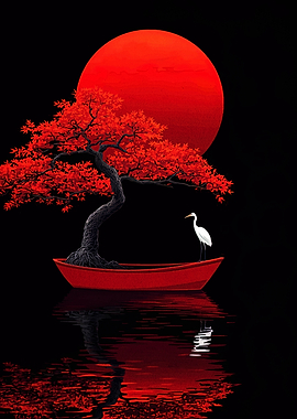 Red Bonsai Tree in Boat with Heron