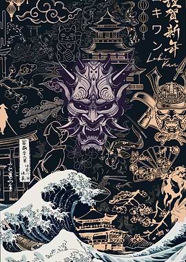 Japanese Art Collage with Oni Mask