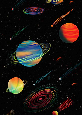 Colorful Planets and Comets in Space