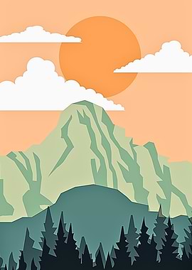 Mountain Landscape with Sun and Trees