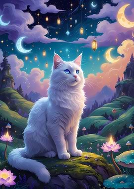 White Cat in Magical Night Landscape