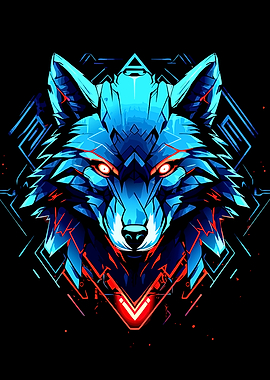 Cyberpunk Wolf Portrait with Geometric Design