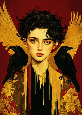 Angelic Figure with Ravens and Golden Wings