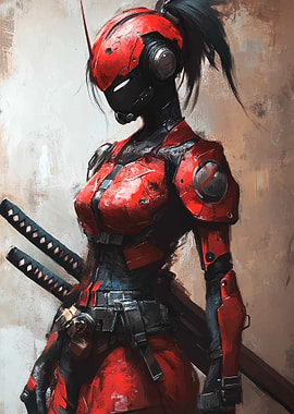 Red Cyberpunk Samurai Girl