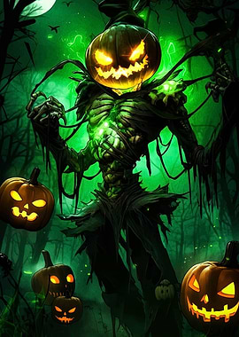 Halloween Pumpkin Monster in Dark Forest