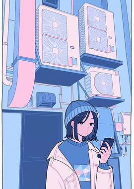 Anime Girl with Phone in Cityscape