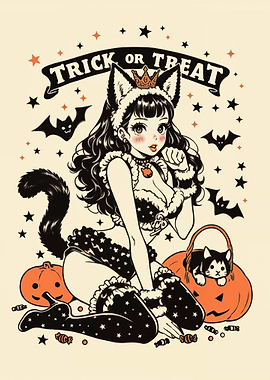 Retro Pin-Up Halloween Anime Cat Girl