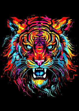 Colorful Tiger Portrait on Black Background