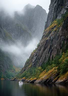Norwegian Fjord Landscape with Boat