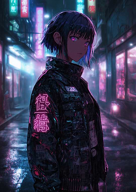 Cyberpunk Anime Girl in Rainy City