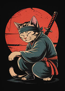 Ninja Cat with Katana and Headband