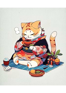 Cat in Kimono Drinking Tea