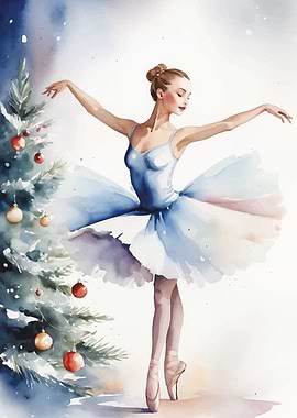 Watercolor Ballerina with Christmas Tree