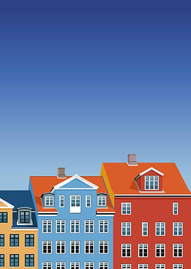 Digital illustration of Copenhagen's city skyline and architecture of Nyhavn