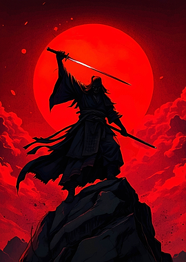 Samurai Warrior with Red Moon