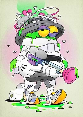 Cartoon Character with Trash Can Head