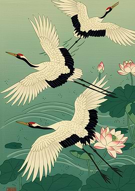 Japanese Cranes and Lotus Flowers Illustration