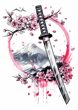 Katana with Cherry Blossoms and Mountain
