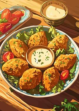 Delicious Fried Food with Sauce and Salad