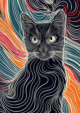 Abstract Cat Portrait with Swirling Lines
