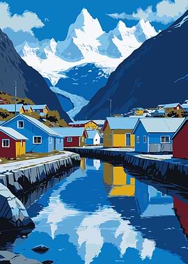 Colorful Village by Glacier Landscape Art