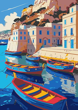 Coastal Village with Boats Illustration