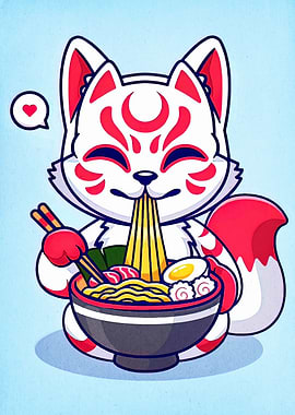 Cute Fox Eating Ramen Illustration