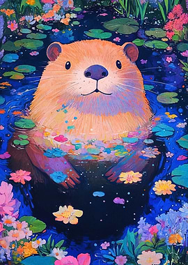 Otter in Floral Pond Painting