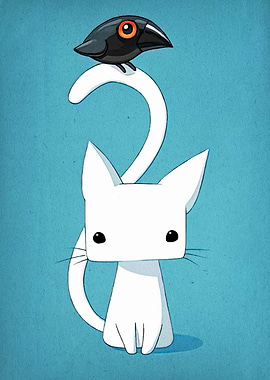 White Cat with Bird on Tail