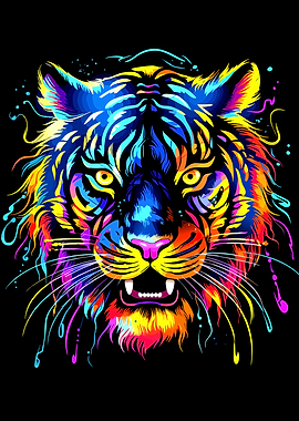 Colorful Tiger Portrait on Black Background