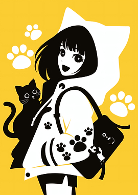 Anime Girl with Cat and Paw Prints
