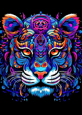 Colorful Psychedelic Tiger Portrait on Black
