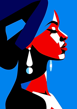 Abstract Woman Portrait in Blue and Red
