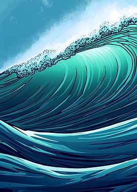 Stylized Ocean Wave Illustration - blue and green big ocean curling wave with white foam