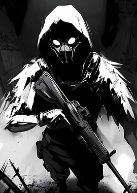 Hooded Figure with Rifle in Black and White
