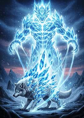 Ice Golem and Wolf Fantasy Art
