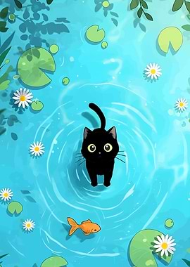 Black Cat and Goldfish in Pond