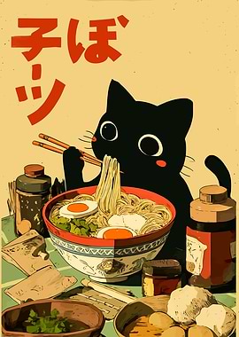 Black Cat Eating Ramen Illustration